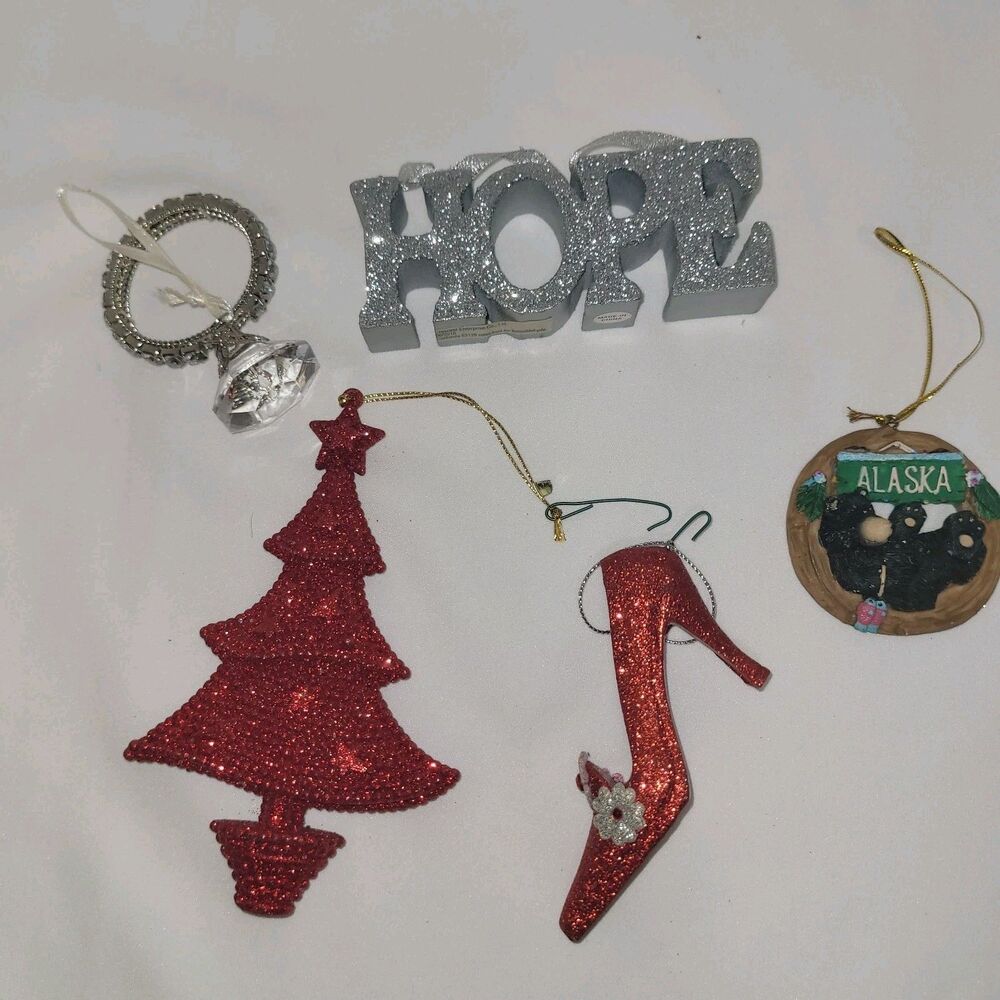 5 Pc Christmas Ornament Lot Glitter High Heel Tree NOEL Alaska Bear Ring